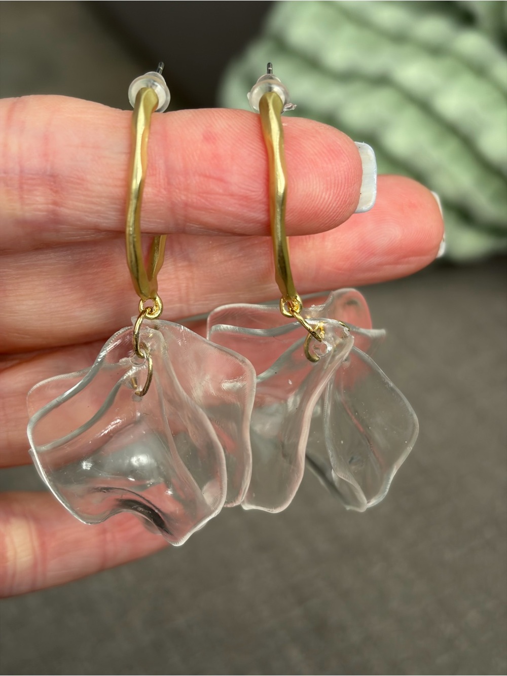 Gold Tone Hoop Earrings with Clear Petal Dangles